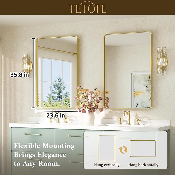 TETOTE Gold Mirror Bathroom 24 x 36 Brushed Gold Metal Framed Vanity Mirror, Tempered Glass, Modern Farmhouse Wall Mounted Mirrors for Decorative(Horizontal/Vertical)