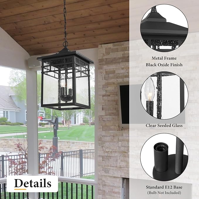 Outdoor Pendant Light Lantern for Front Porch, 10 Inch Large Black Exterior Hanging Chandelier Light Fixtures with Seeded Glass Shade for Patio, Garden, Backyard, Garage, Gazebo, Entryway