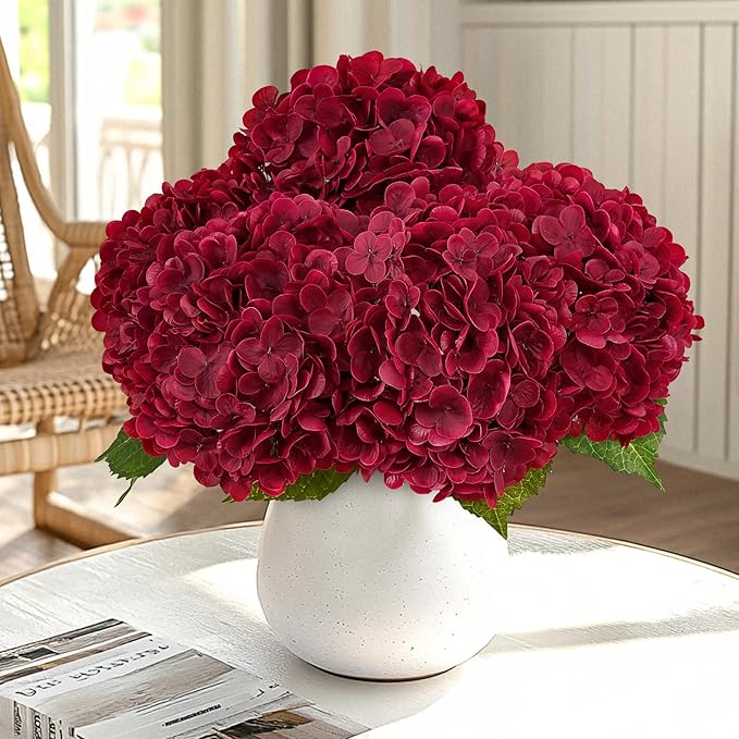 MARTINE MALL 3Pcs 21in Hydrangea Artificial Flowers, Latex Real Touch Hydrangeas Lifelike Large Hydrangea Flowers for Home Decor Party Arrangements Wedding Bouquets Centerpieces (Burgundy)