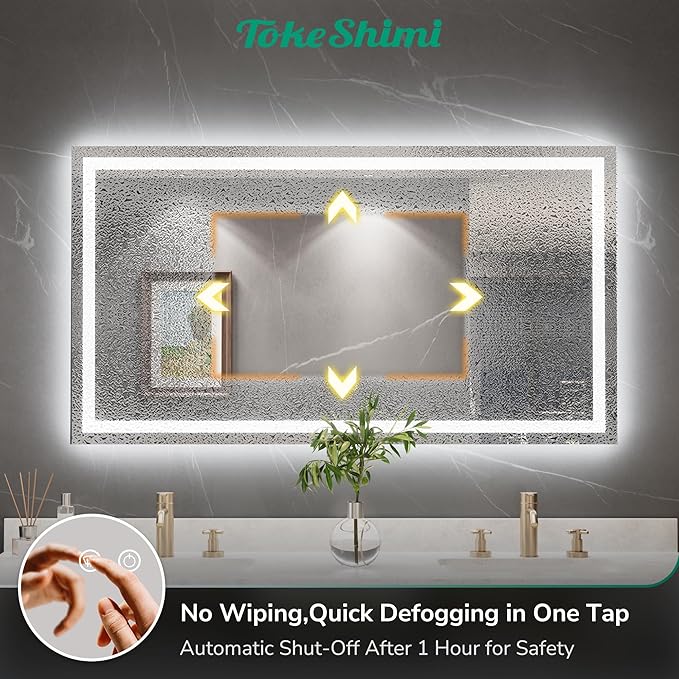 TokeShimi 55x30 LED Bathroom Vanity Mirror with Lights,Front Lit + Backlit LED Bathroom Mirror,3 Colors Stepless Dimmable,Anti-Fog,Tempered Glass,Memory Function,Waterproof,UL Listed