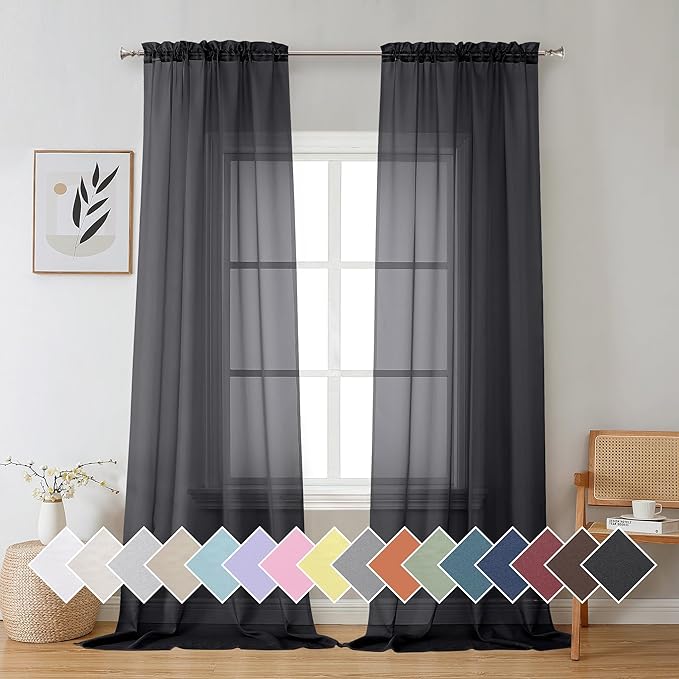 Aiyufeng Black Sheer Curtains 96" Long for Living Room Windows, Voile Sheer Casual Light Filtering Window Curtain Drapes for Bedroom, 40" Wide, Set of 2