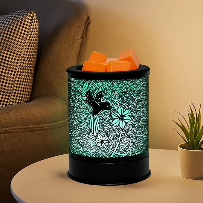 ASAWASA Metal Wax Warmer Electric,Wax Melt Warmer Candle Burner and Wax Melter with 7 Colorful Changing Lights & 1 Silicone Dishes for Office Home Decor(Colorful Hummingbird)