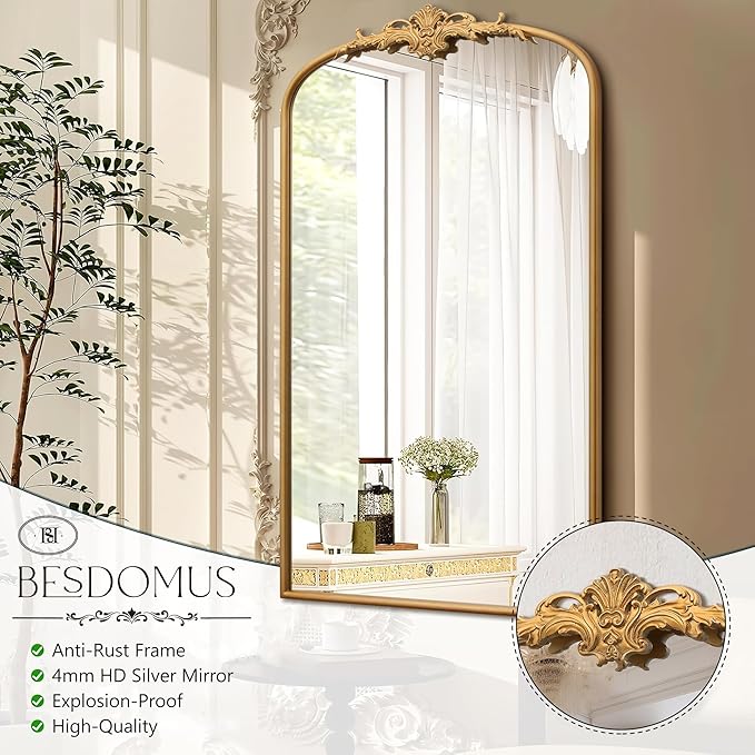 Besdomus Large Vintage Arched Mirror: 24"x42" Arch Gleaming Gold Antique Wall Mounted Mirror - Traditional Ornate Home Decor for Entryway/Fireplace/Bathroom - Idea for Trendy Fashionistas