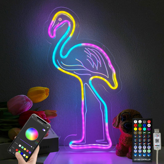 Eeutiwe Flamingo Neon Sign with APP Control & Remote, Color Changing Neon Sign for Wall Decor for Bedroom/Living Room/Parties, Pink Flamingo Night Light Gift for Home Decor Lovers