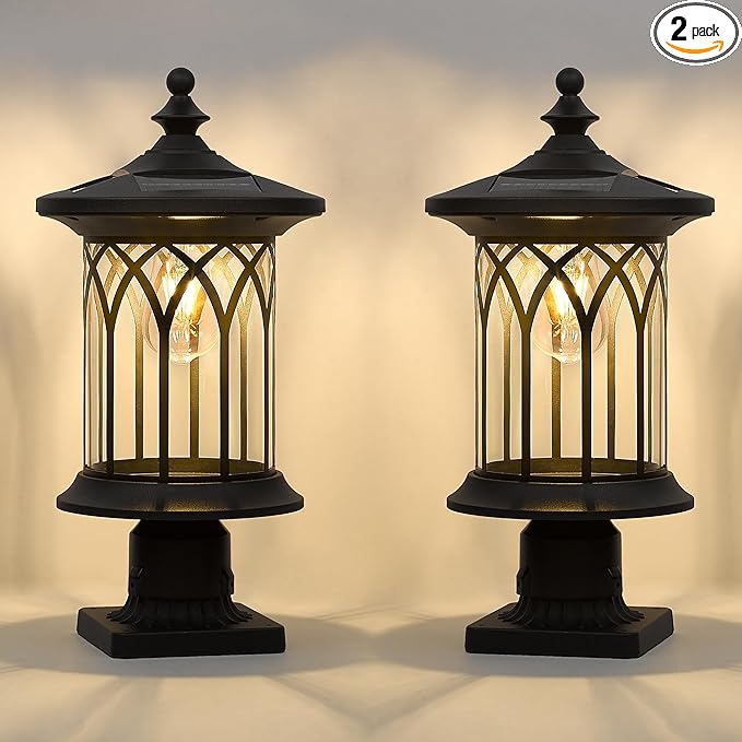 Solar Post Lights 2 Pack, Dusk to Dawn Solar Lamp Post Light Fixture E26 Base Socket, IP44 Waterproof Post Lights Outdoor Solar Powered for Pathway, Driveway, Lawn, K235SPL10-2
