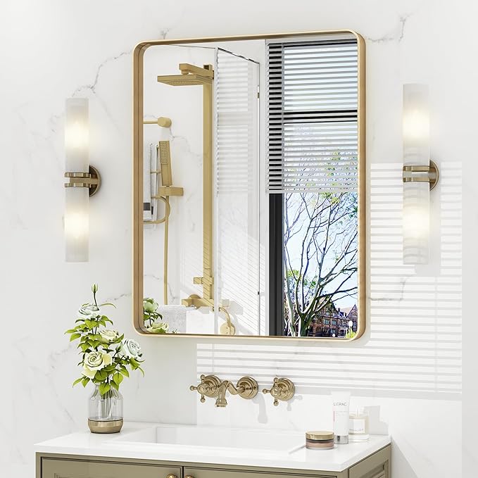 22x30 Inch Gold Framed Bathroom Mirror, Brushed Gold Metal Vanity Mirror, Rectangle Gold Mirror for Wall, Rounded Corner, Tempered Glass, Anti-Rust, Shatterproof (Horizontal/Vertical)