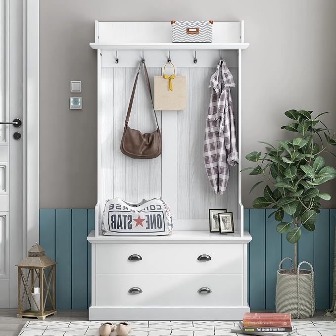 Retro 38.5" Wide Hallway Hall Tree with Coat Rack and 2 Large Drawers,Bench,5 Metal Hooks and Metal Handles,For Entrance Furniture Use (White#c)