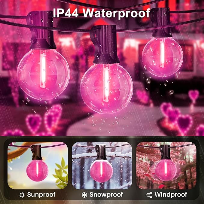 LAMPHOME LED Outdoor String Light, 26Feet Patio Lights with 12+1Edison Shatterproof Bulbs(1Spare), UL Waterproof Outside Lights connectable Dimmable for Backyard Porch Decor,Pink