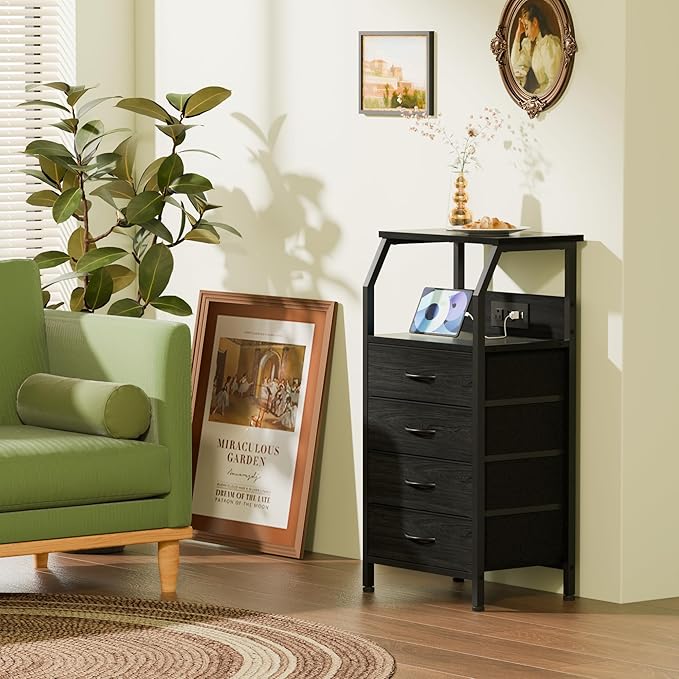 Furnulem Night Stand with Charging Station, 4 Drawer Dresser with Storage Shelf, 33.3 Inch Tall Side Table, Fabric End Table for Closet, Entryway, Bedside Furniture, 3 Ways to Use, Black Oak