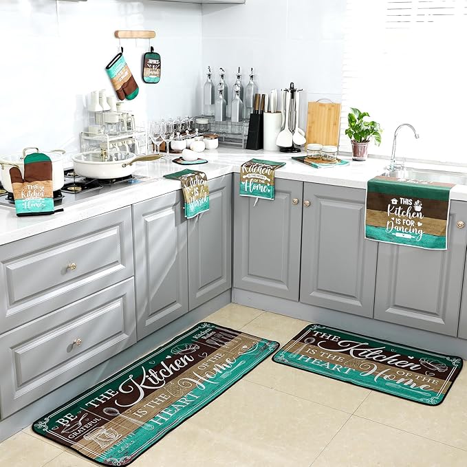 Fourluoo 10 Pcs Farmhouse Kitchen Decor and Accessories Set 4 Kitchen Towels 2 Pot Holders 2 Oven Mitts 2 Rugs for Cooking Baking Mom Housewarming Gifts(Green,Classic Style)