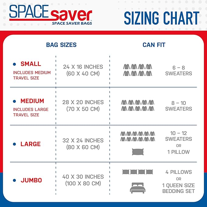 Spacesaver 6 Pack Variety Vacuum Seal Bags for Clothing, Travel, Blankets - Compression Bag with Hand Pump - Space Saver Vacuum Storage Bags for Bedding, Moving, Travel & Organization (2M, 2L&2XL)