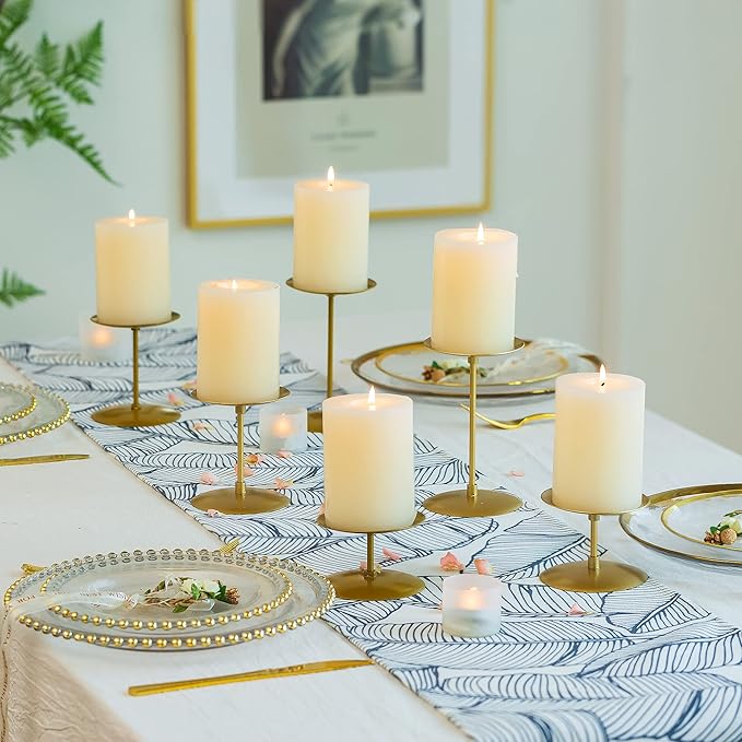Pillar Candle Holders Candle Plates - Set of 6 Candelabra Candle Stand Iron Plate Minimalism Modern Home Mantel Dinning Table Christmas Decorations Centerpiece for Wedding, Party, Events, Gold