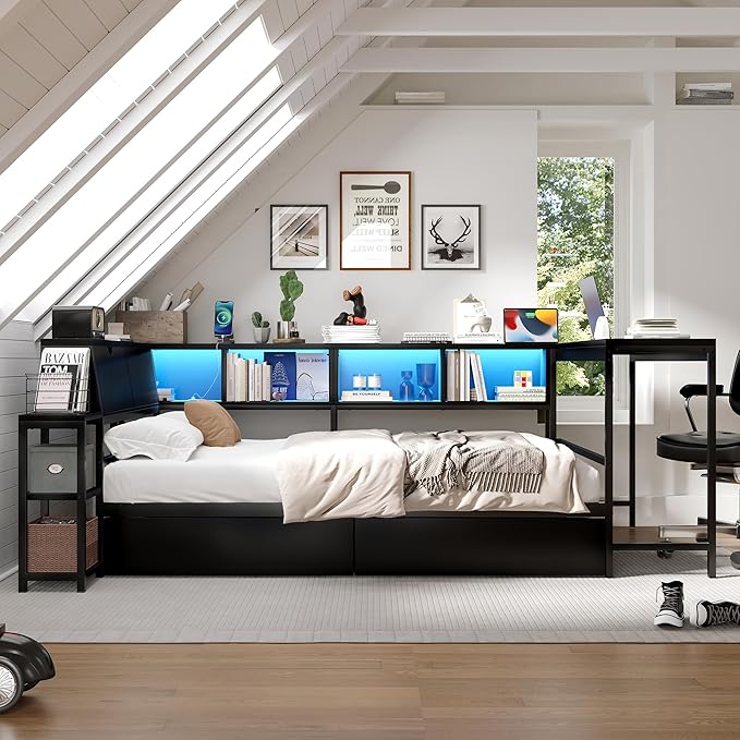 Full Corner Bed Frame with Desk, LED Lights & Charging Ports, L-Shaped Daybed with Storage Drawers, Bookcase & Open Shelves, Modern Full Size Daybed for Kids, Teens & Compact Bedrooms,Black
