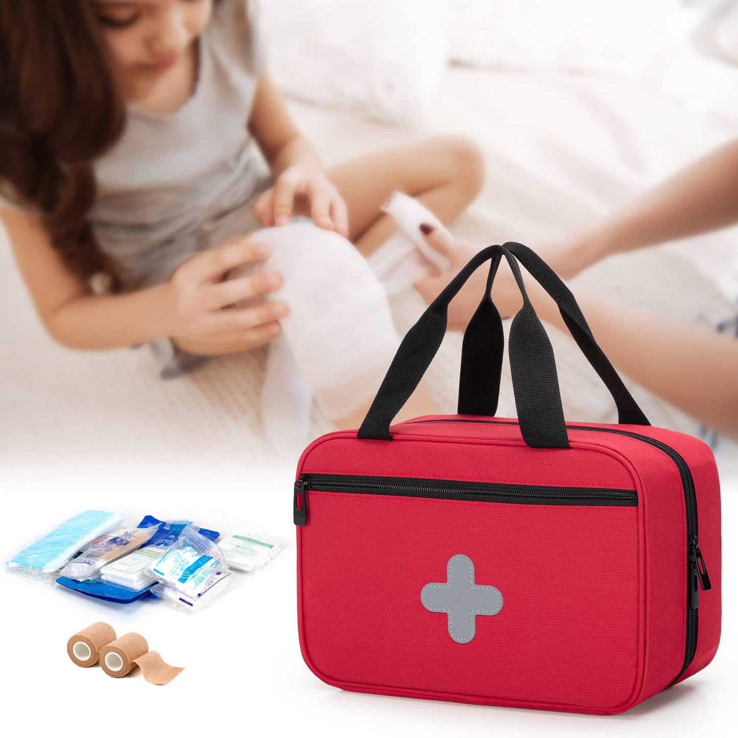 CURMIO Small First Aid Bag, Empty Emergency Trauma Kit Organizer Bag for Hiking, Camping, Car, Travel, Home and Outdoor, Red, BAG ONLY, Patent Pending