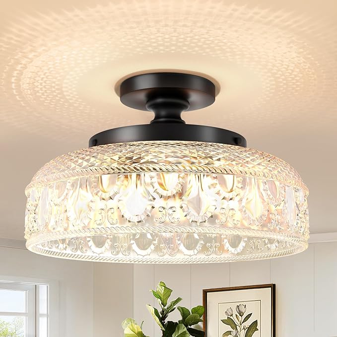 Lamomo Semi Flush Mount Ceiling Light, Upgraded Larger 12 Inch Black Hallway Light Fixture, 3 Light Globe Glass Close to Ceiling Light, Indoor Hanging Light for Bedroom Kitchen Porch Hallway