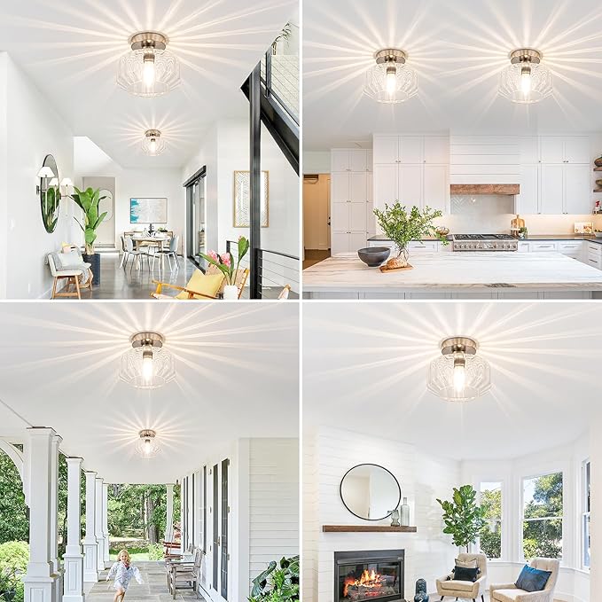 Tbaoinal Semi Flush Mount Ceiling Light with Diamond Glass Shade, 36-Faceted Panels Create Starburst Effect, 1200LM LED Bulb Included Brushed Nickel Ideal for Hallway Entryway Kitchen Bathroom