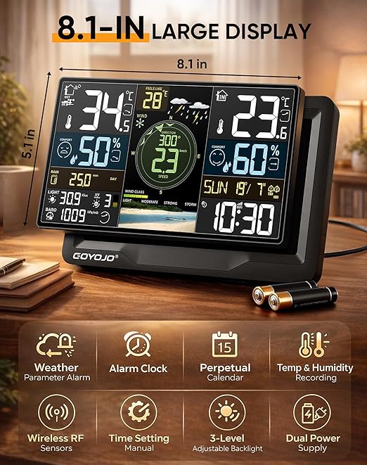 WiFi Weather Station with 7-in-1 Outdoor Sensor, Large Full-Color LCD, Indoor Outdoor Temperature & Humidity, Wind Speed/Direction, Rainfall, UV Index, Barometric Pressure, 433MHz, 300ft Range, App
