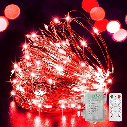 LAMPHOME 100 LED 33FT Red Valentine Lights, Valentine's Day Fairy Lights Battery Operated, Twinkle String Light Multi Functions & Timer with Remote for Christmas Bedroom Wedding DIY Centerpiece Decor