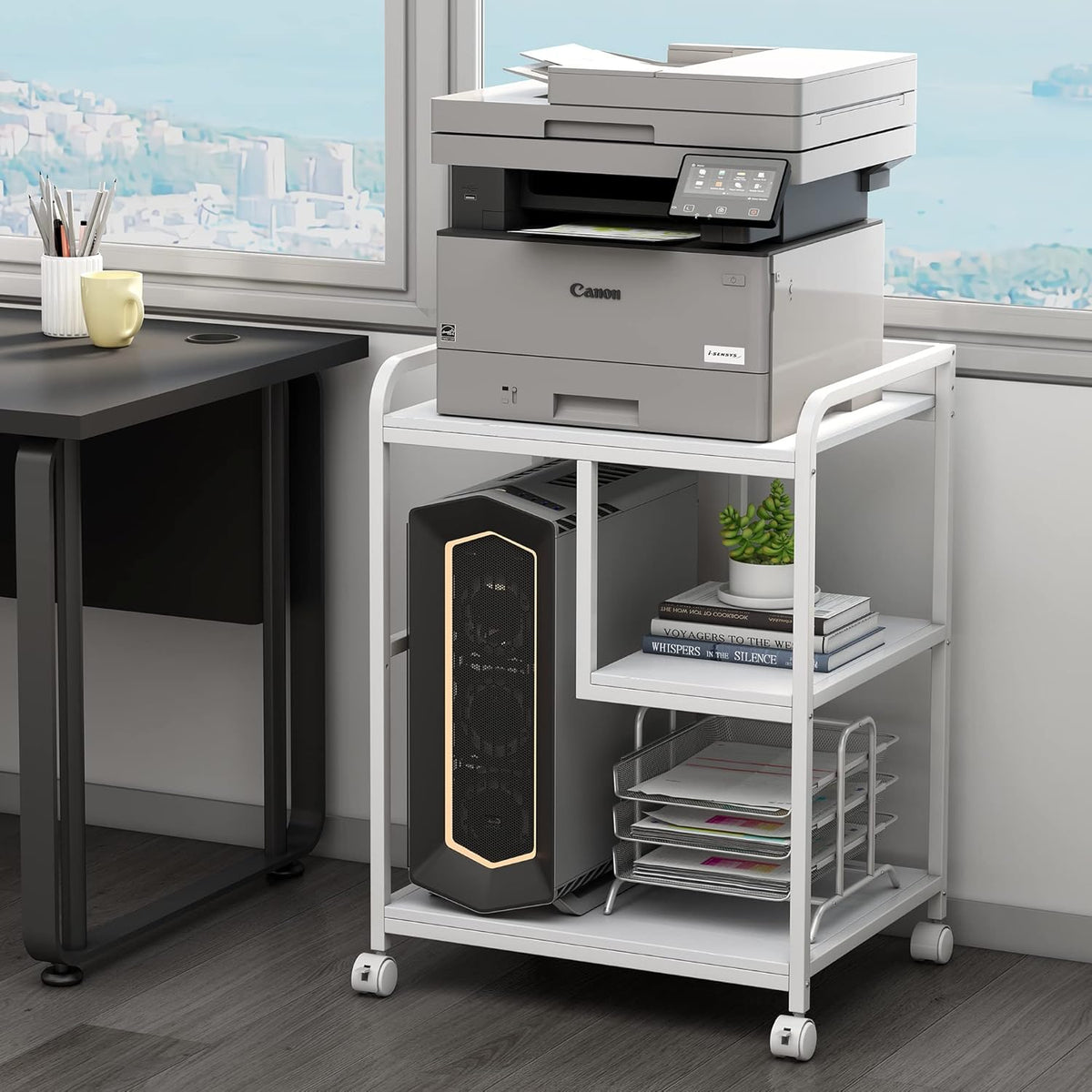 Large Printer Stand Table with Storage Shelf for Host Computer, PC Tower, CPU and Shredder, 3 Tier Rolling Printer Cart with Wheels for Home Office Storage and Organization - White