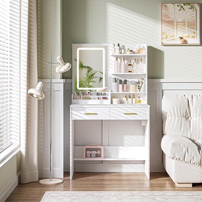 Vanity Desk with Mirror, Makeup Vanity with Led Lights, Dressing Table with Power Outlet, Drawers, 3 Color Modes, White WX321HDT