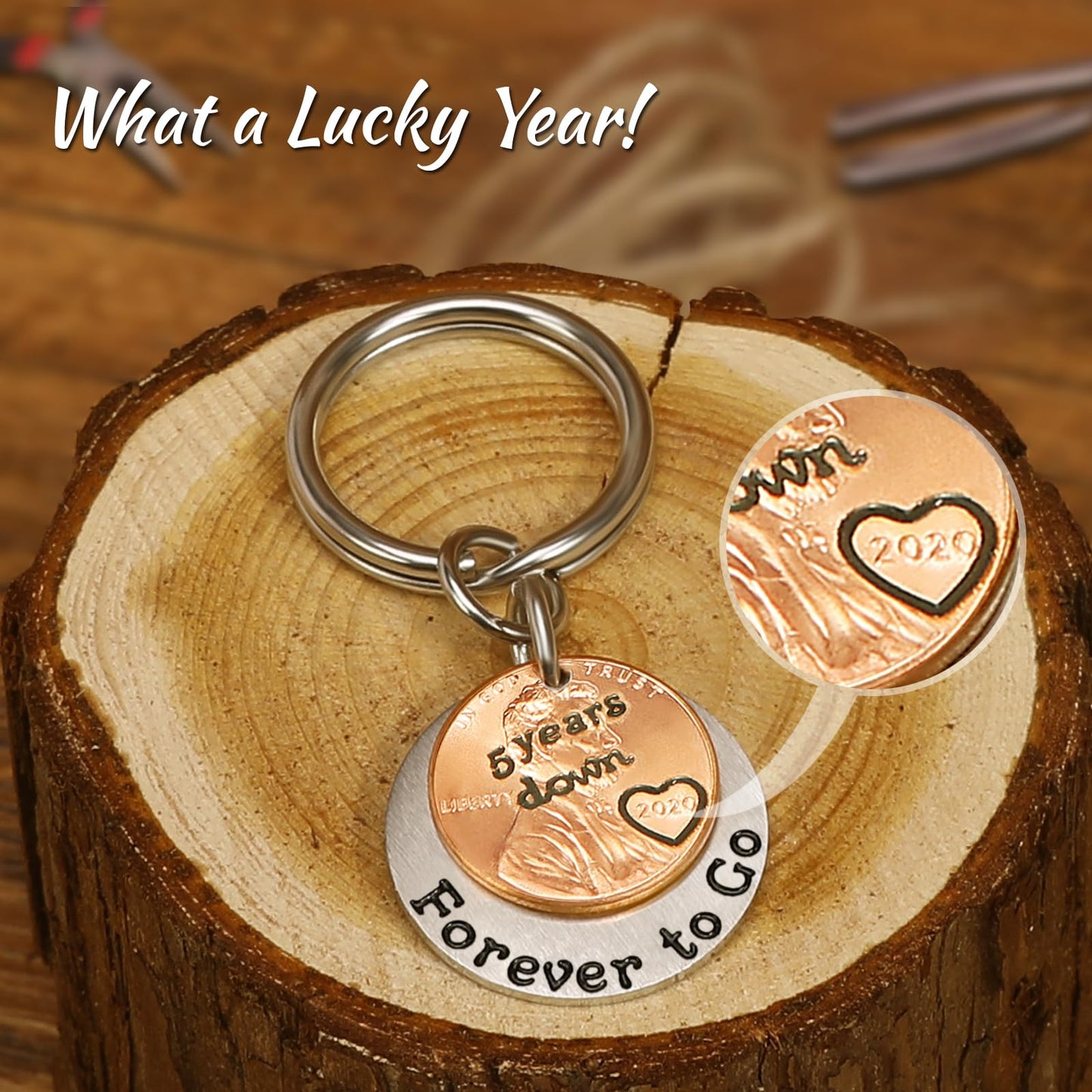 HRMYUDI 5 Years Anniversary Wood Wedding Gift for Man Woman, Coin Keychain with a 2020 Penny, 5 Years Down and Forever To Go, Fifth Wood Wedding Anniversary Presents for Him Her