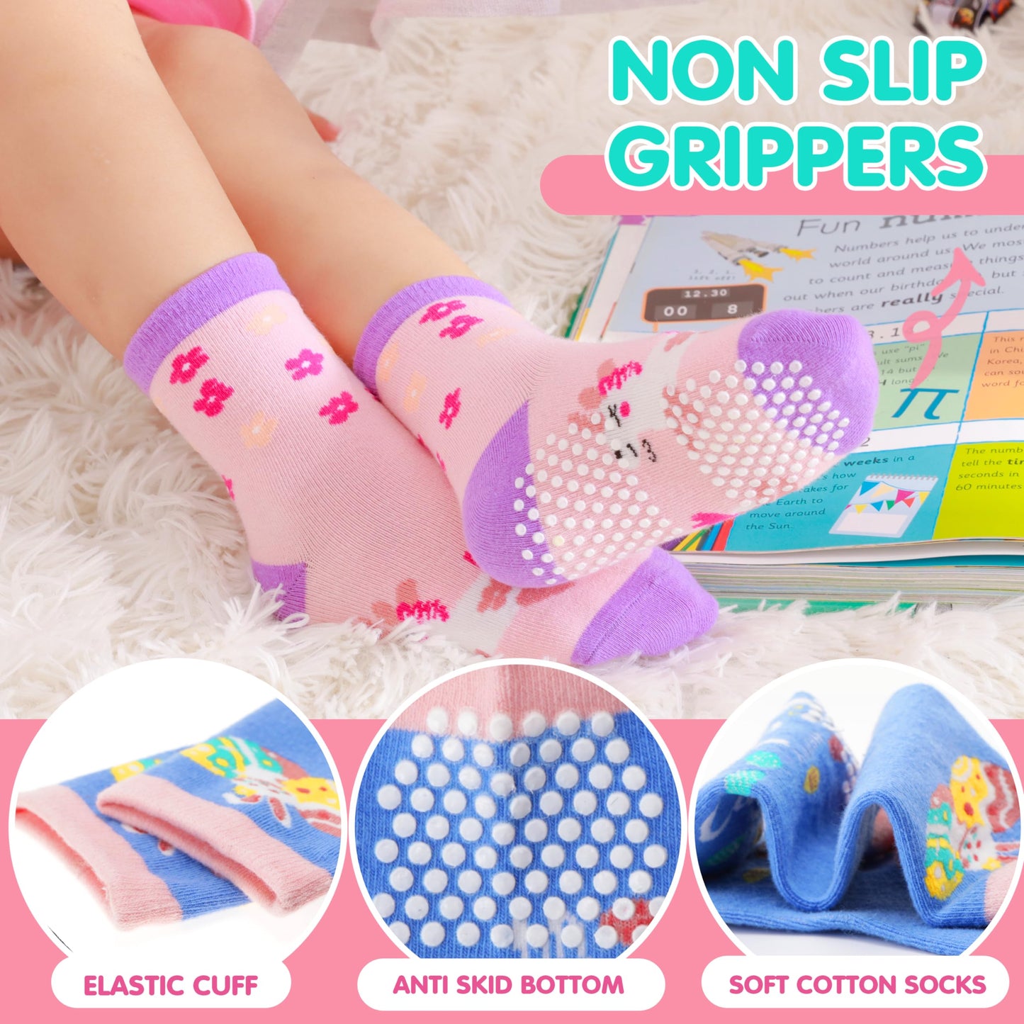 Welwoos Baby Girls Toddlers Grips Socks Kids Non Slip Anti Skid Funny Animal Cartoon Gift Cotton Socks with Grippers 12 Pairs Stocking Stuffers (Flower,3-5 Y)