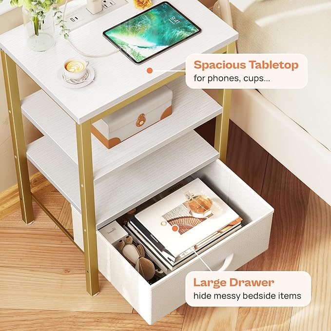 SUPERJARE Nightstand with Charging Station, Bed Side Table with Adjustable Fabric Drawer, Night Stand for Bedroom, 3-Tier Storage End Table, for Living Room, White and Gold