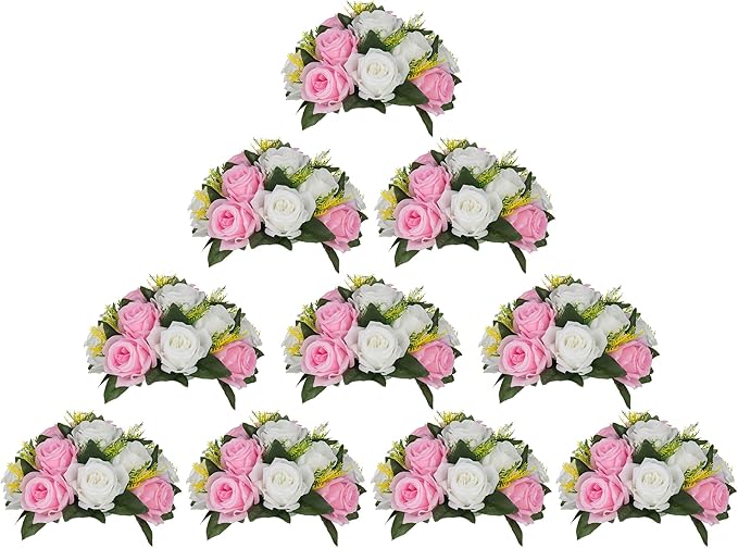 BLOSMON Flower Balls Rose Centerpieces: 10 Pcs Pink White Fake Flowers Kissing Balls Decor Artificial Wedding Floral Arrangements Silk Flower Bouquet with Base Home Party Room Table DIY Decorations