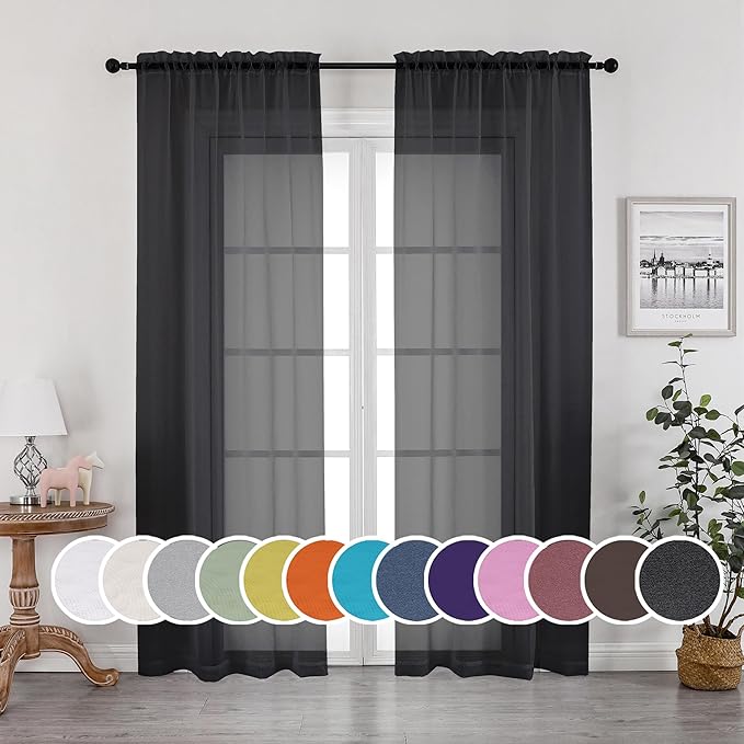 OWENIE Black Sheer Curtains, Sheer Curtains 84 inch Length 2 Panels Set, Rod Pocket Voile Fimly Sheer Drapes for Living Room/Bedroom, 2pcs, Each 42" W x 84" L, Black