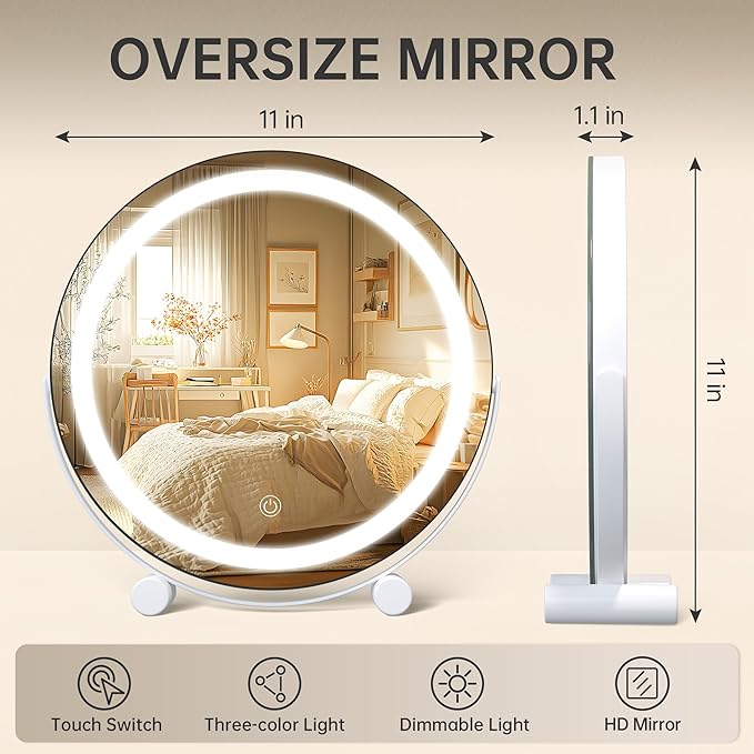 Hasipu Vanity Mirror with Lights, 11" x 11" LED Makeup Mirror with Small 10X Magnifying Mirror, Lighted Makeup Mirror with Lights, Smart Touch Control 3 Colors Dimmable Mirror White