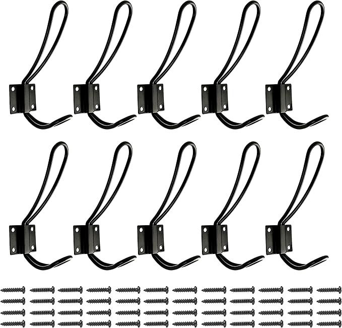 Rustic Entryway Hooks | 10 Pack of Black Wall Mounted Vintage Double Coat Hangers with Large Metal Screws Included