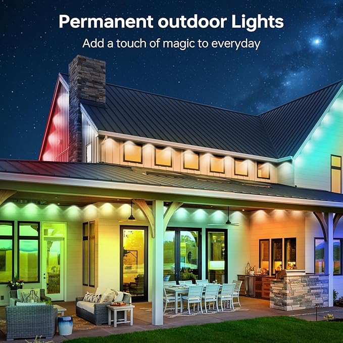 Permanent Outdoor Lights 100FT RGB+IC Smart String Lights for House, App & Remote Control, Waterproof IP67 LED Eaves Lights, Music Sync, 212 Scene Modes, Outdoor Christmas Patio Roof Decor