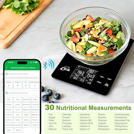 KOK Smart Food Scale with 30 Nutritional Calculator, Coffee Timer Function APP, Track Calorie, Macro, Carb for Weight Loss Keto and Diabetic, Espresso Scale Weight Grams and Ounces 5 Unit 1g/0.05oz