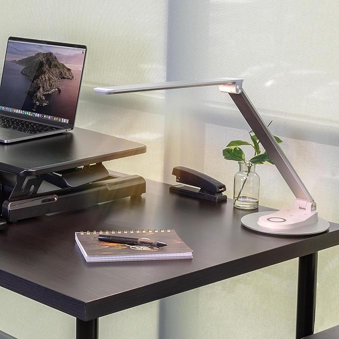 Mount-It! LED Desk Lamp with Wireless Charger and USB-C Charging Port, Dimmable Desk Lamp with 25 Brightness and Color Modes, for Home or Office, Adjustable Arm, Silver/White