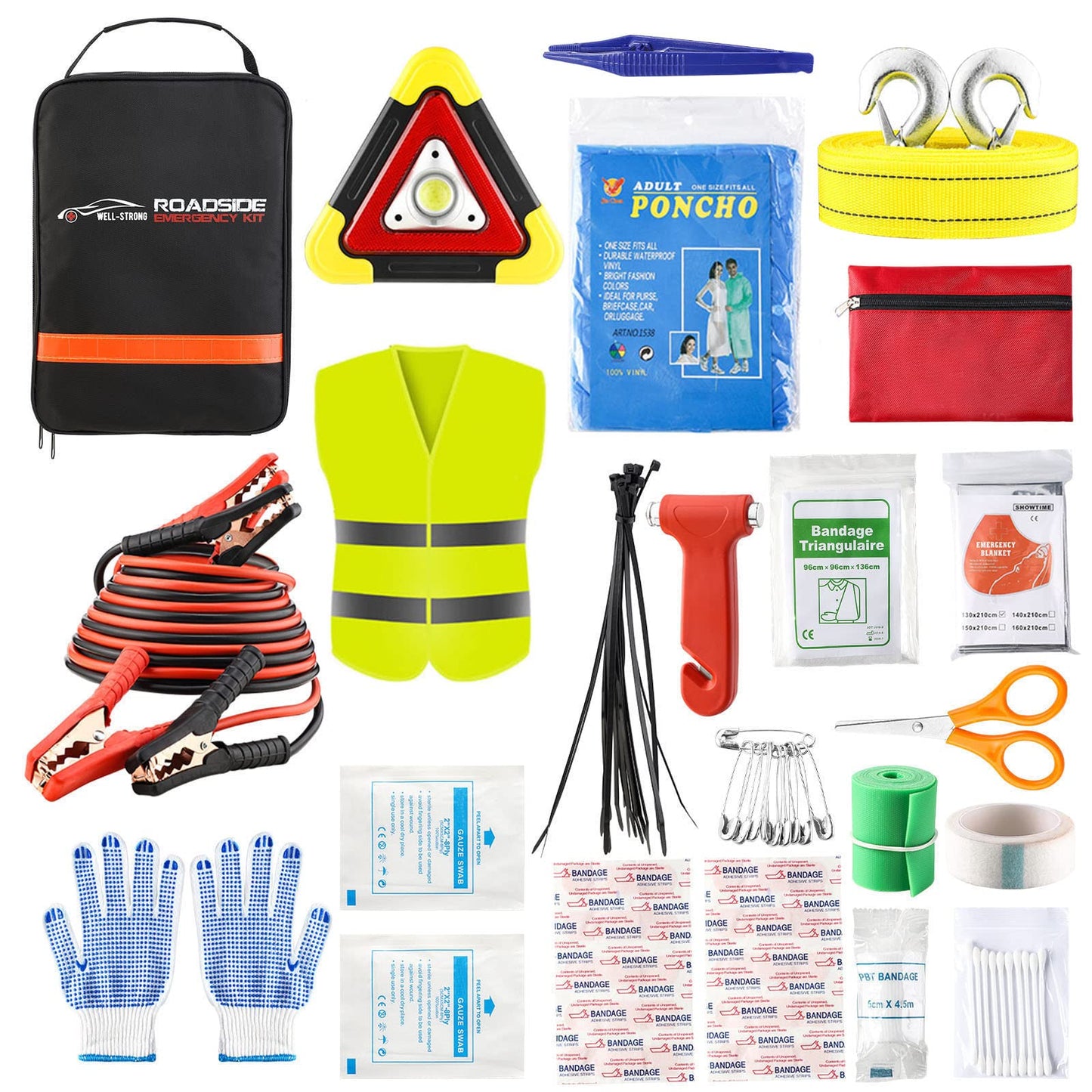 WELL-STRONG Car Roadside Emergency Kit with Reflective Warning Triangle, Assistance Kit with 13 FT Jumper Cable for Men or Women Black