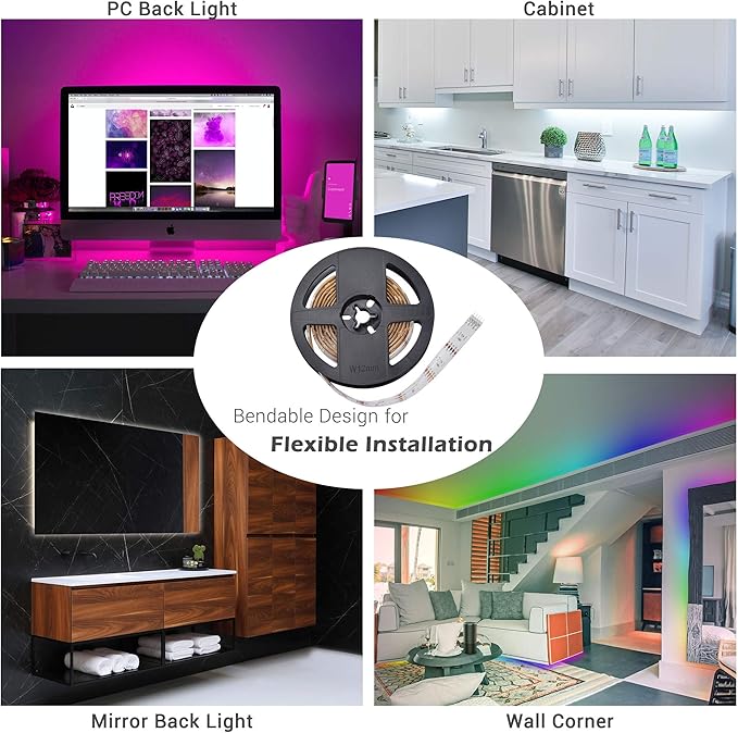 AW 6.6ft LED Strip Light Kit APP Control Music Sync Color Changing Wifi Smart 60 LEDs Ambient Lamp Compatible with Alexa & Google Assistant for Bedroom Gaming Room