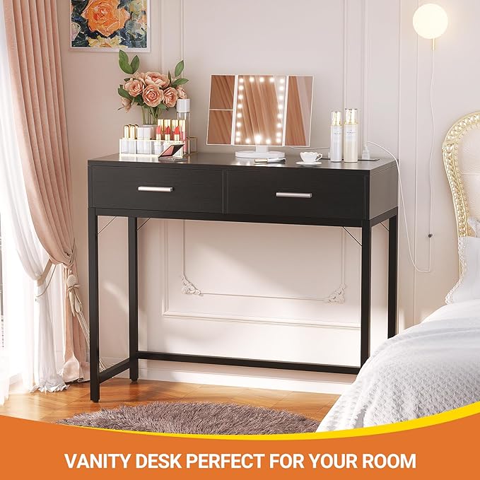 Cyclysio Vanity Desk with Mirror and Lights, 36'' Makeup Vanity Desk with Power Outlet, Small Vanities Set Dressing Table with Drawers for Bedroom, Black