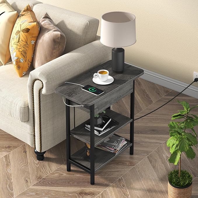 LIDYUK End Table with Charging Station, Flip Top Side Table with USB Ports and Outlets, Nightstand for Small Spaces, Bedside Tables with Storage Shelf for Living Room, Bedroom, Dark Grey