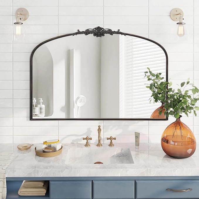 Besdomus Antique Arched Large Mirror: 48"x33" Oversize Black Arch Antique Wall Mounted Mirror - Baroque Traditional Ornate for Living Room/Fireplace/Bathroom- Home Decor for Interior Designers