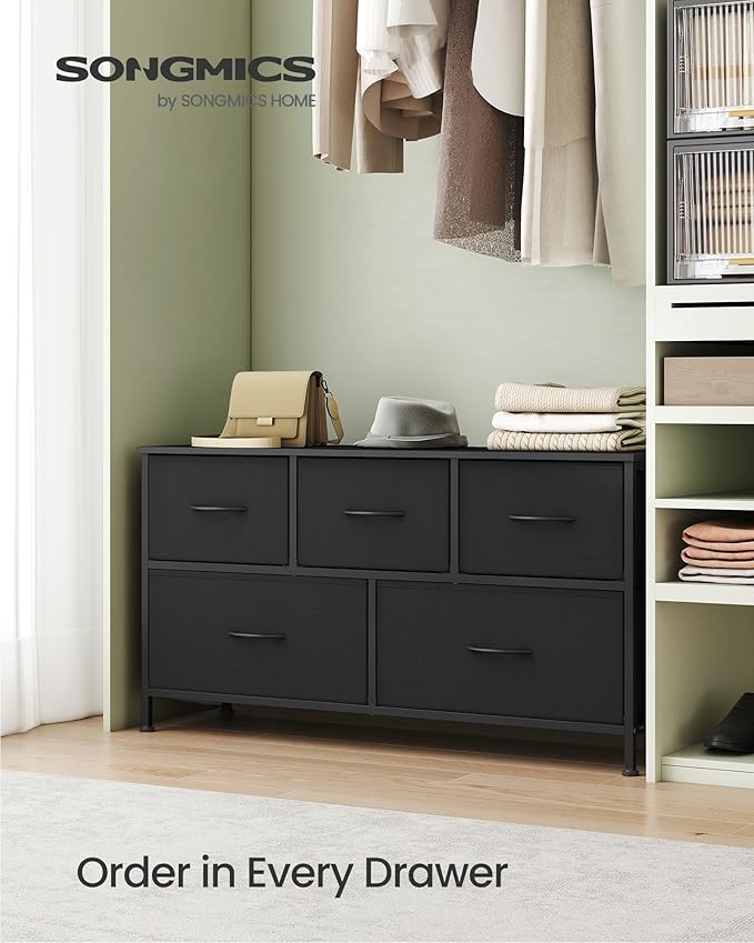 SONGMICS Dresser for Bedroom, Chest of Drawers, TV Stand, Steel, MDF, 5 Non-Woven Fabric Drawers, Storage Organizer Unit, Closet, Entryway, Ink Black and Ebony Black ULGS322B01S