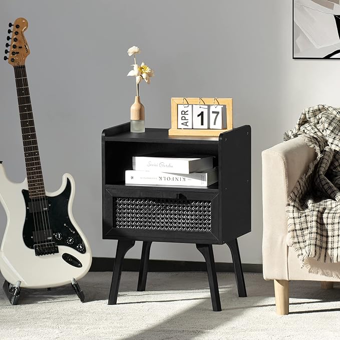 Lerliuo Rattan Nightstands Set of 2, Boho Side Table with Drawer Open Shelf, Cane Accent Bedside End Table with Solid Wood Legs for Bedroom, Dorm and Small Spaces (Black)
