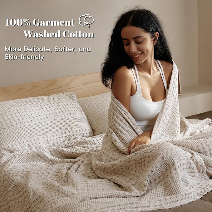 PHF 100% Cotton Waffle Weave Blanket Queen Size for Bed, Soft Lightweight & Breathable, All-Season Comfort, Luxury Aesthetic Woven Bedding for Home Decor, 90"x90", Oatmeal