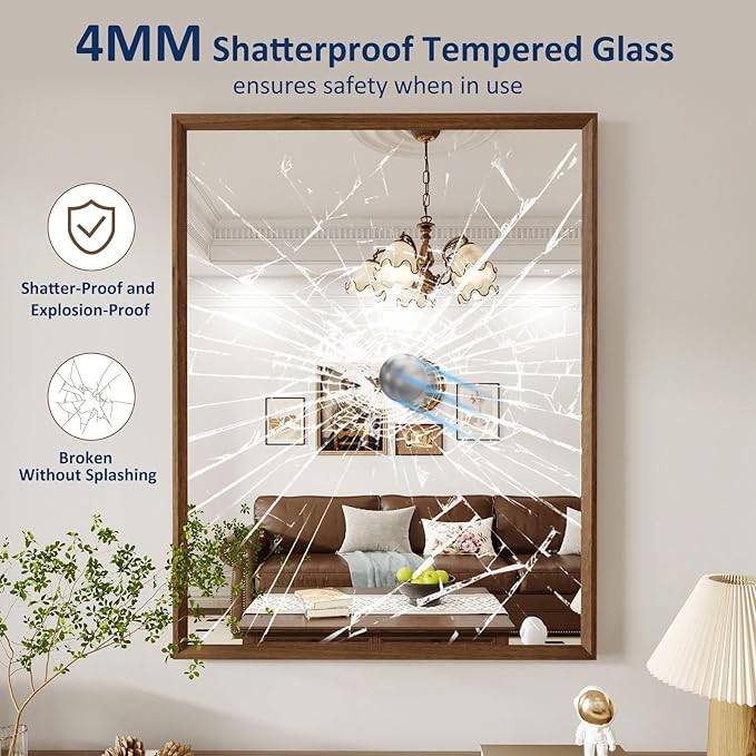 WEER Bathroom Mirror, 28x36 Inch Wall Mirror, Walnut Wood Grain Framed Mirror, Rectangle Vanity Mirror, Tempered Glass, Anti-Rust, Hangs Horizontally or Vertically
