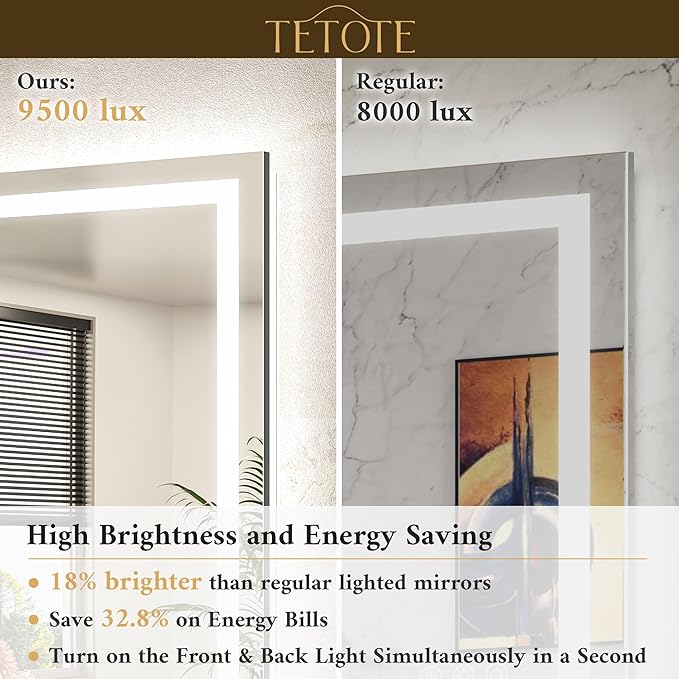 TETOTE 55 x 36 LED Light up Bathroom Mirror, Brighter Lighted Bathroom Vanity Mirror with Led Lights, Front and Backlit 3-Color Dimmable Anti Fog Illuminated Mirror, Waterproof, Shatterproof