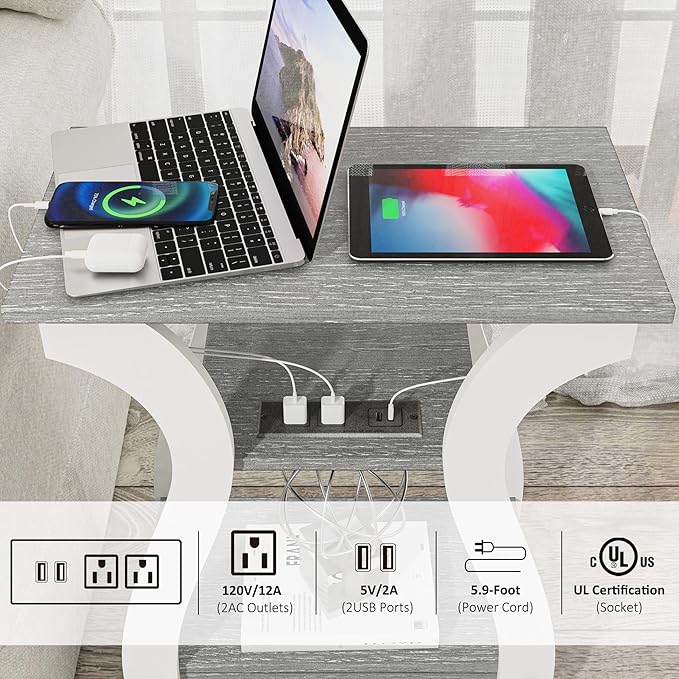 End Tables Living Room, Grey End Table with Charging Station, Grey Side Table, Nightstand for Bedroom, 3 Tier End Table with Storage Shelf for Living Room
