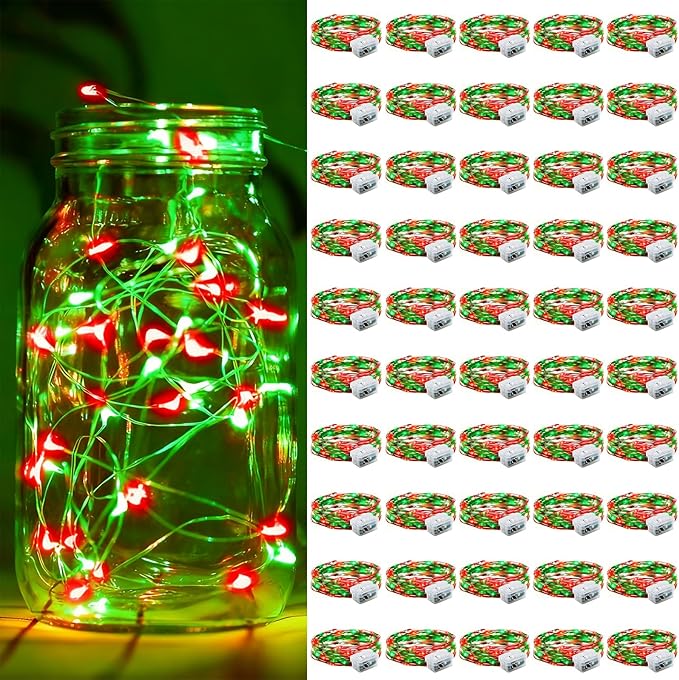 Aogist 50 Pack Fairy Lights 3 Modes 7ft 20 LED Waterproof,Battery Operated Silver Wire Firefly Starry Moon Mini String Lights for Mason Jars Christmas DIY Crafts Wedding Party Bedroom,Red&Green