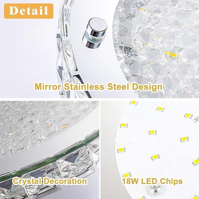 Crystal Flush Mount Ceiling Light 18W LED Dimmable Modern Ceiling Light for Bedroom, Closet, Foyer, Hallway, Dia 11 Inch, 3 Color Change