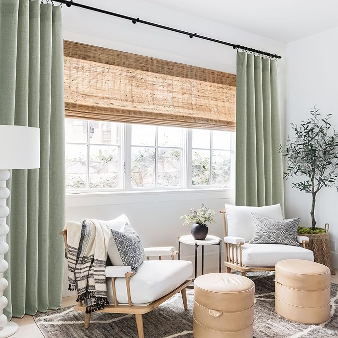 RYB HOME Linen Sheer Curtains and Drapes for Living Room and Bedroom 84 inches Length, Breathable Weave Textured/Rod Pocket Semi Sheer Curtains, Sage Green, W 52 x L 84 inches, 2 Panels Set
