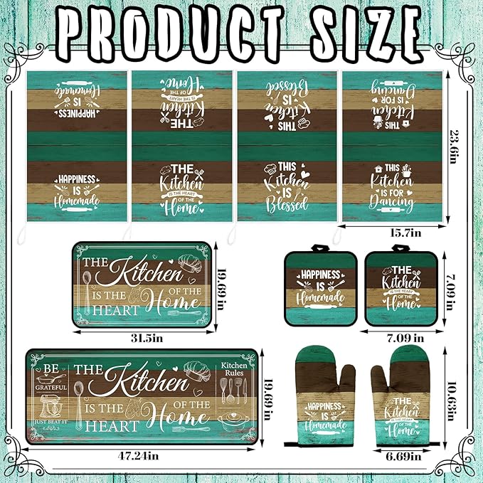 Fourluoo 10 Pcs Farmhouse Kitchen Decor and Accessories Set 4 Kitchen Towels 2 Pot Holders 2 Oven Mitts 2 Rugs for Cooking Baking Mom Housewarming Gifts(Green,Classic Style)