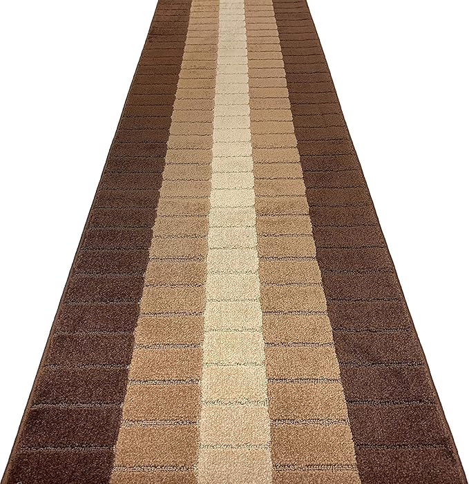 Custom Size Modern Geometric Pattern Carpet Runner Rug for Hallways, Slip Resistant Latex Rubber Backed, 31 inch Wide X Customized Length, Squares Brown, 31 inch X 17 feet